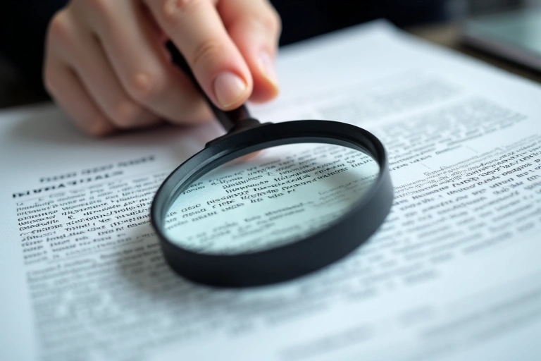 Εικόνα που δείχνει ένα χέρι να κρατά ένα μεγεθυντικό φακό πάνω από ένα κείμενο, υποδεικνύοντας προσοχή και λεπτομέρεια.